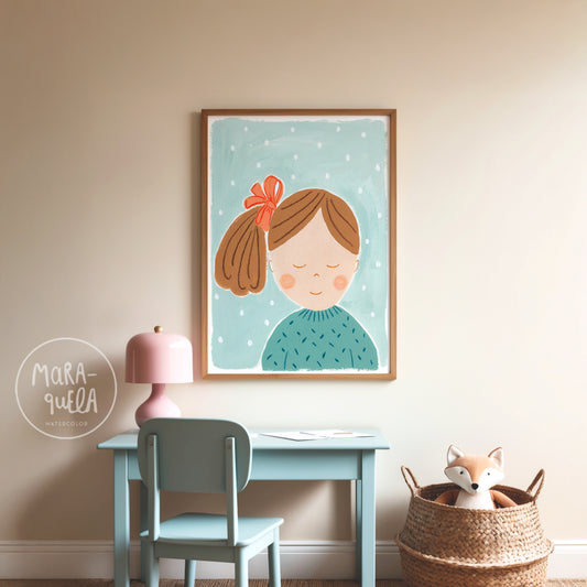 Niña No. 4 | Lámina para la decoración de las niñas | Retrato infantil Niña con lazo